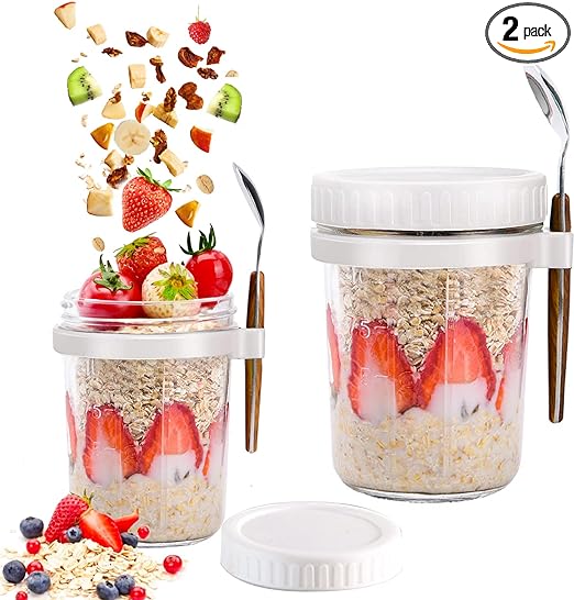 2 Pcs Portable Overnight Oats Containers with Lids and Spoons, 12 oz Mason Jars for Overnight Oats, Glass Overnight Oats Jars with Measurement Marking, Reusable Yogurt Container for Cereal Fruit Salad