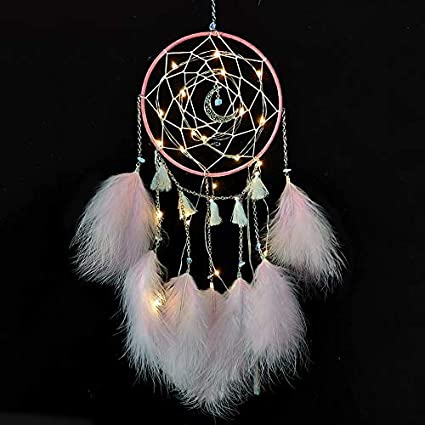 Meticci LED Dream Catcher, LED Dream Catchers, Dream Catcher, Dream Catchers Handmade Traditional Feather Hanging Home Wall Decoration Décor Ornament Craft Native American Style (Pink)