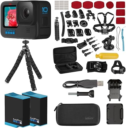 GoPro HERO10 Black Action Camera Bundle, with 2 Spare Rechargeable Batteries, Mini Extension Pole & Tripod, Extreme Sport 40-pc Kit for Go Pro Hero 10