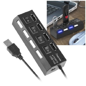 Insten 4-Port High Speed USB 2.0 Hub with Individual Power Switches and LEDs for Transfer Data Speed up to 480Mbps Supports Windows MacOs and Linux