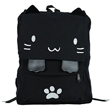Black College Cute Cat Embroidery Canvas School Laptop Backpack Bags For Women Kids Plus Size Japanese Cartoon Kitty Paw Schoolbag Ruchsack Girls Boys Outdoor Accessories Daypack Bookbag