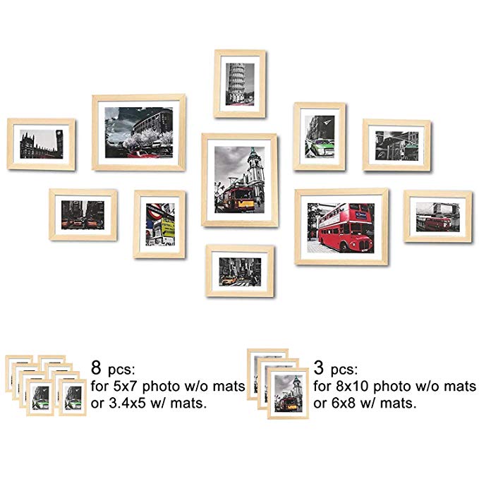 WOOD MEETS COLOR Wall Picture Frames Set of 11, with Hanging Template, Real Glass Window and Photo Mats, 3-8x10 and 8-5x7 Collage Frames (Original Color)