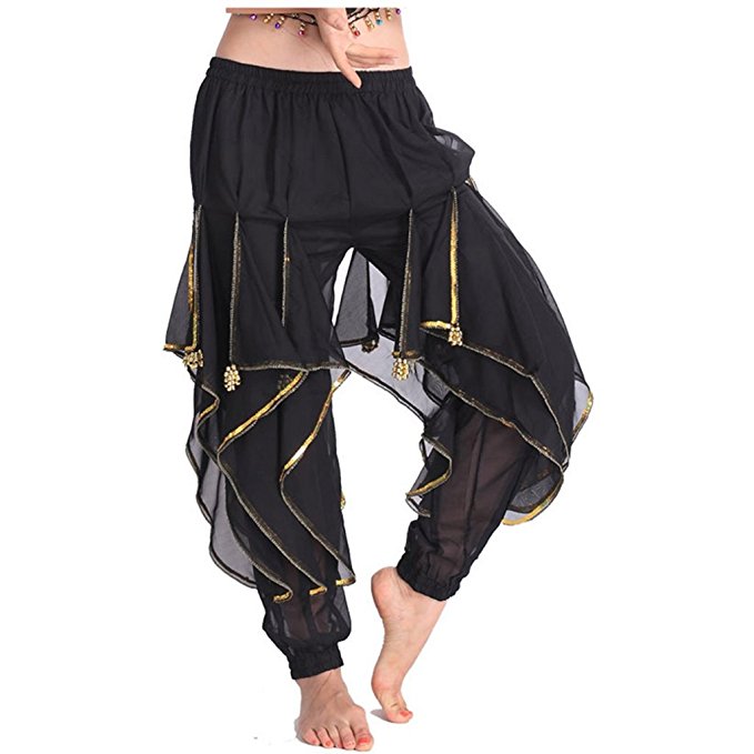 MUNAFIE Belly Dance Harem Pants Tribal Arabic Halloween Pants With Gold Trim US0-14
