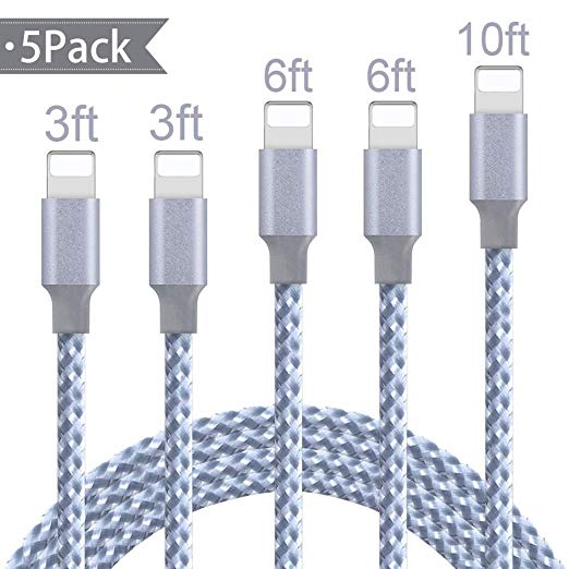 iPhone Charger, Mfi Certified Lightning Cables 5Pack 2x3FT 2x6FT 10Ft to USB Syncing Data and Nylon Braided Cord Charger for iPhone XS/Max/XR/X/8/8Plus/7/7Plus/6S/Plus/SE/iPad and More