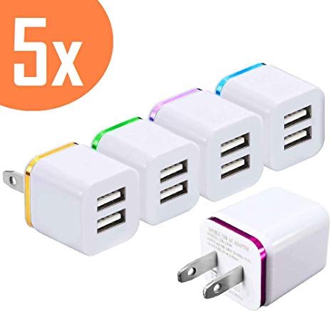 2-Port 2.1A USB Wall Charger [5-PACK] ML Dual Portable Travel Power Adapter Compatible for Apple iPhone X 8/7/6 Plus SE/5S/4S,iPad, iPod,Samsung Galaxy S7 S6, HTC, LG, Table, Motorola And More (White)
