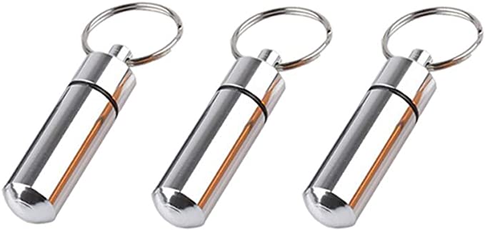 3Pcs 49 * 17mm Pill Box Keyring-Waterproof Aluminum Travel Pill Holder Keychain Portable Mini Pill Box Case Bottle Container Sliver Color