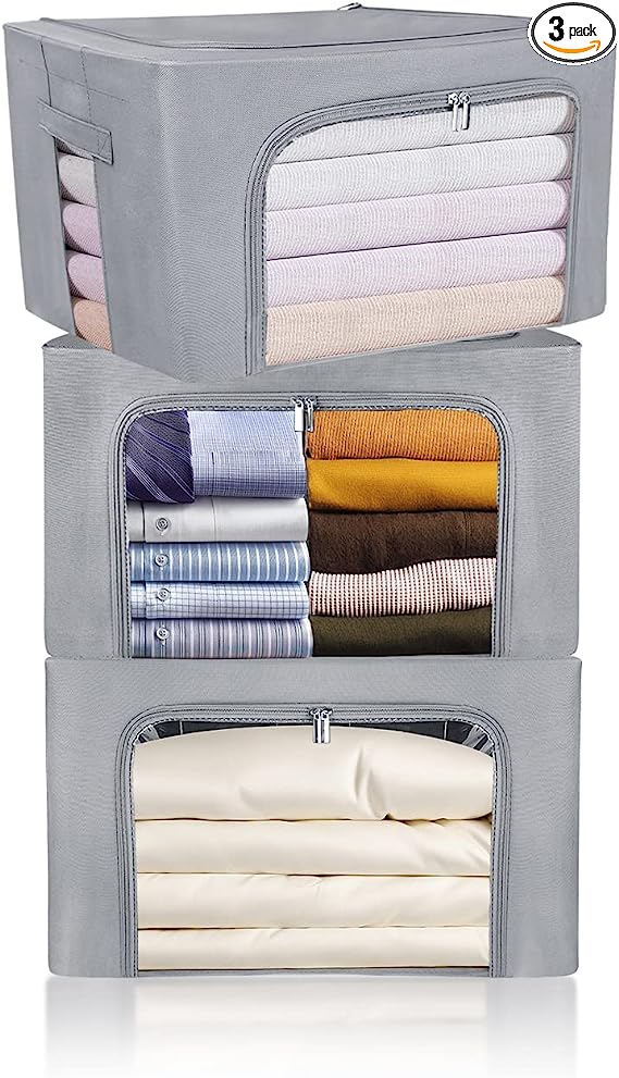 Clothes Storage Box Bins Stackable Foldable Organizer,Sturdy Handles with Metal Frame for Clothing Bedding Shelves,Closet Container with Clear Window Zipper and Label Holder (Gray, 66L x3 Pack)