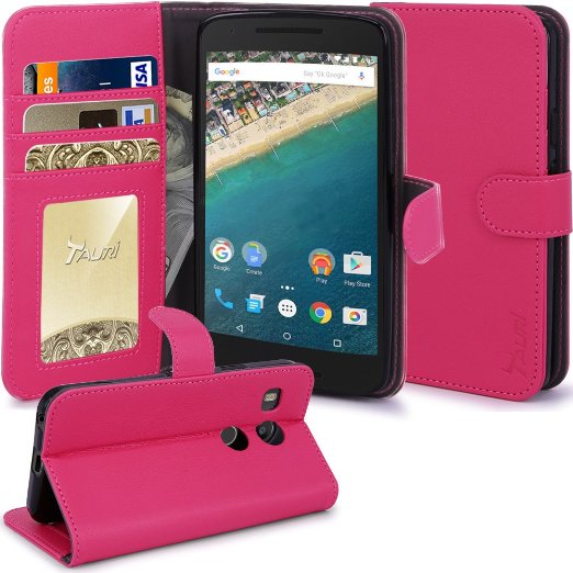 Nexus 5X Case Tauri Wallet Leather Case with Stand ID and Credit Card Pocket Flip Cover For LG Google Nexus 5X 2015 - Hot Pink