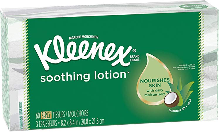 Kleenex Soothing Lotion Facial Tissues, 1 Flat Box, 60 Tissues, Coconut Oil, Aloe, Vitamin E