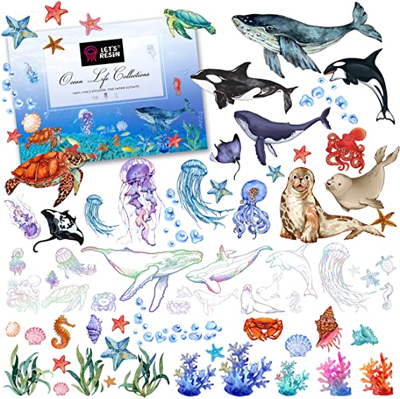 LET'S RESIN Ocean Sticker,92Pcs Colorful Transparent Ocean Creature Stickers,Double-Sided Cardboard Lively Ocean Life,Waterproof Holographic Cute Stickers for Resin Molds, Water Bottles, Scrapbook, Laptop, Home Decor