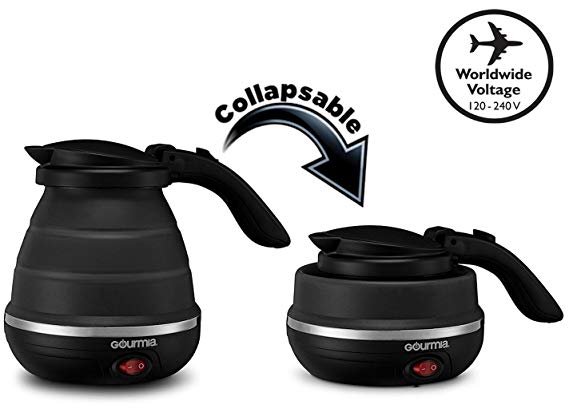 Gourmia GK320 Travel Foldable Electric Kettle - Dual Voltage - Food Grade Silicone, Collapses for Easy & Convenient Storage, Boil Dry Protection, .6 Quart - Black