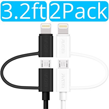 Apple MFi Certified Lightning Cables [2-Pack] - Skiva USBLink Duo 2-in-1 Sync / Charge Cable (3.2 ft / 1m) with Lightning & microUSB for iPhone X 8 8Plus, Samsung S7 (1-Black & 1-White) [Model:CB149]