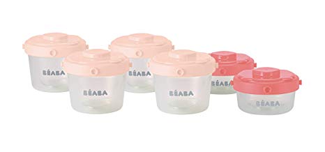 BEABA Clip Containers, Set of 6, 2oz & 4 oz for Snacks and Baby Food (Pink)