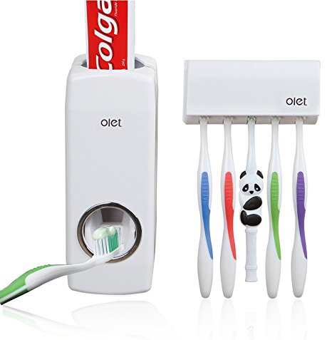 Meideli Automatic Toothpaste Dispenser and Toothbrush Holder Set - 5 Brush Holder, White