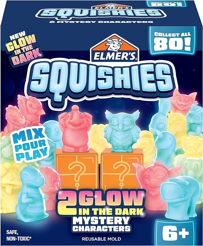 Elmer’s Squishies Kids’ Activity Kit, DIY Glow in The Dark Squishy Toy Kit Creates 2 Mystery Characters, 13 Piece Kit