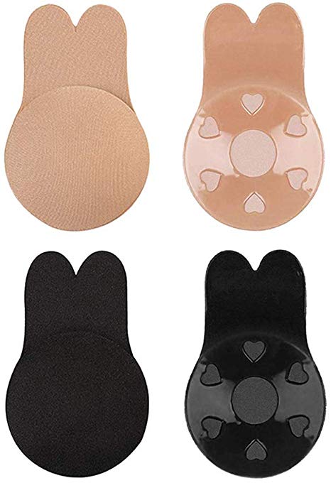 Invisible Bra Adhesive Strapless Backless Breast Lift Nipplecovers Sticky Invisible Bra Rabbit's Ears 2 Pairs Nude and Black