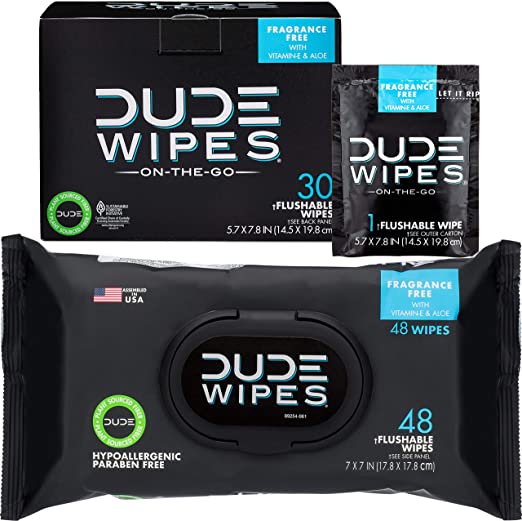 Dude Products Wipes Flushable Wipes (48 Dispenser and 30 Single Wipes) Individually Wrapped & Dispenser Natural with Vitamin-E & Aloe, Unscented