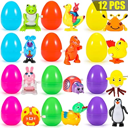 YEAHBEE 12 Sets Filled Easter Eggs with Assorted Wind-up Toys, Easter Basket Stuffer for Kids, 3.2" Plastic Easter Eggs Party Favors (12 Pack)