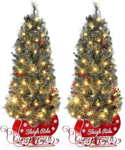 LUNSY 2 Pack 4.5 FT Artificial Holiday Christmas Tree with Sleigh Ride Base, with 85 PCS Warm White Light Beads, Pine Cones, Red Berry, for Front Door, Porch, Entryway, Fireside Christmas Decoration