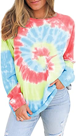 FARYSAYS Women's Casual Color Block Tie Dye Crewneck Long Sleeve Loose Pullover Sweatshirt Tops