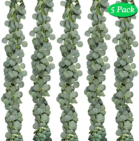 JPSOR 5 Pack Artificial Eucalyptus Garland Greenery Vines Faux Silver Dollar Eucalyptus Plants for Wedding Party Garden Decoration