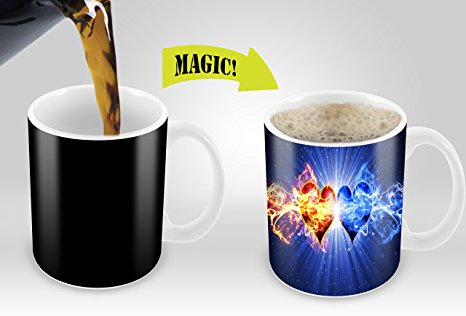 Magic Coffee Mugs Heat Sensitive Color Changing Coffee Mug Good Gift Mug Fancy Heart Design 11oz 100% Ceramic Mugs| Great Christmas Gift Idea