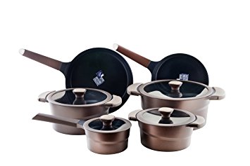 DANIALLI - 10-Piece Non Stick Aluminum Cookware Set - Patented Teflon Platinum Plus Coating Technology - Metal Utensil Safe - Removable Silicone Handles - Induction Cookware - Chocolate