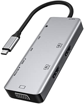 USB C Hub Docking Station for MacBook Pro, with Dual 4k HDMI, VGA, 87W PD Charging, USB2, AUX 3.5mm, Micro/SD Card Reader, for MacBookPro/Air(Thunderbolt 3)Pixelbook Microsoft and Other USB C Laptops