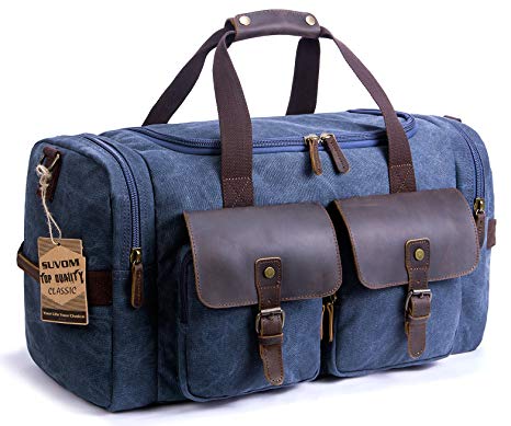 SUVOM Leather Canvas Duffle Bag Weekend Overnight Bag Travel Tote Duffel Luggage