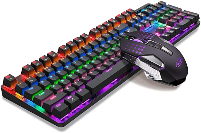 Mechanical Gaming Keyboard and Mouse Combo Blue Switch 104 Keys Rainbow Backlit Keyboards, MageGee MK-Storm,7 Button Mouse Wired for PC Gamer Computer Laptop(Black)