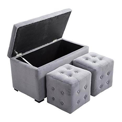 HomCom 3 Piece Tufted Microfiber Storage Bench/Cube Ottoman Set (Gray)