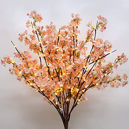 Sunm Boutique 3 PCS Silk Cherry Blossom Branches, Lighted Brown Twig Branches, Artificial White Cherry Blossom Flower, Cherry Blossom Stems Decor Faux Cherry Blossom Tree for Wedding Home Decor, 39'
