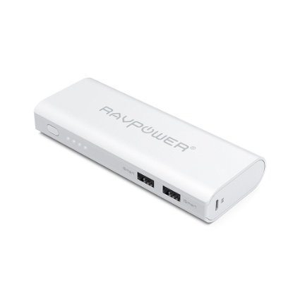 External Battery Pack RAVPower 10400mAh 35A Portable Charger Power Bank 2A input and iSmart Technology - White