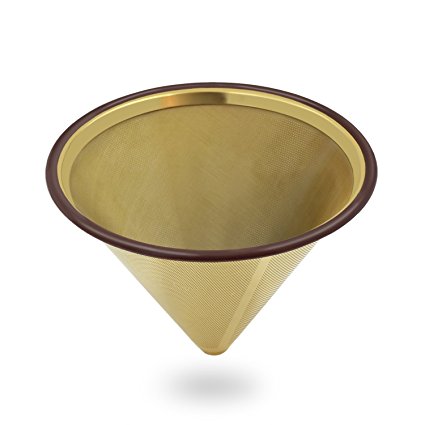 Nicelucky Gold Coated Cone Coffee Filter 304 Stainless Steel Paperless Pour Over Coffee Dripper With Fine Mesh Fits Various Pot, Cups, Mugs