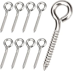 Aovchei 8 Pack 3.25 Inches Heavy Duty 304 Stainless Steel Eye Hooks Screws, Rust-Resistant Self Tapping Eyelet Screw in Eye Bolt for Wood, Securing Cables Wires, Indoor & Outdoor