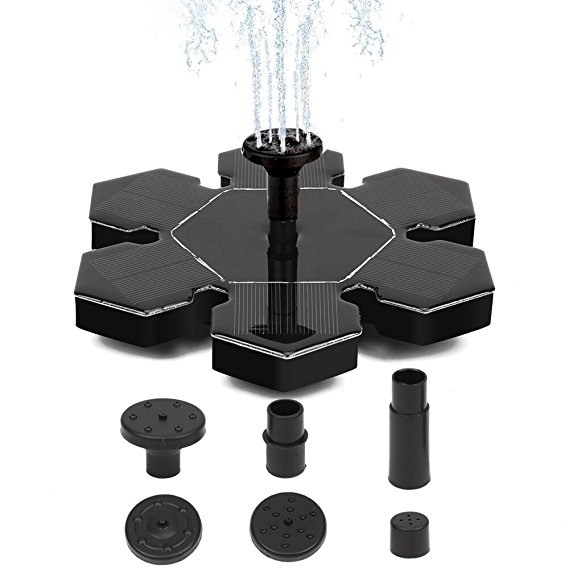 Petcaree Solar Fountain Pump, 1.4W Free Standing Water Fountain Pump Kit with 4 Different Spray Heads for Bird Bath, Fish Tank, Small Pond and Garden