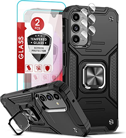 LeYi Samsung Galaxy A14 4G 5G Case with 2 Tempered Glass Screen Protector & 2 Camera Lens Protector, Rugged Armor Shockproof Military Grade Protective Phone Cover with Ring Holder for A14 Black