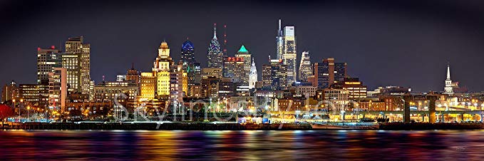 Philadelphia Skyline PHOTO PRINT UNFRAMED NIGHT from East COLOR Philly City Downtown 11.75 inches x 36 inches Photographic Panorama Print Photo Picture Standard Size