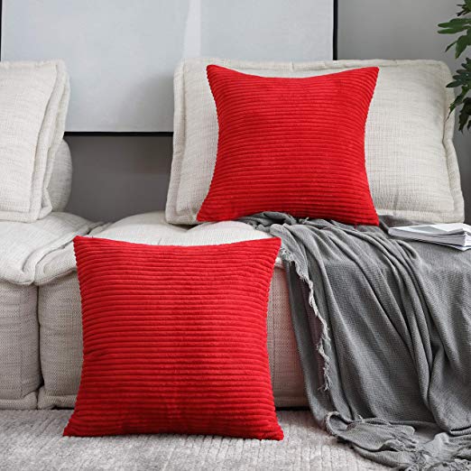 Home Brilliant Spring Festival Christmas Decorative Throw Pillow Covers Striped Velvet Corduroy Plush Cushion Cover Set for Holiday, 2 Pack(Red, 18 x 18 inch, 45cm)