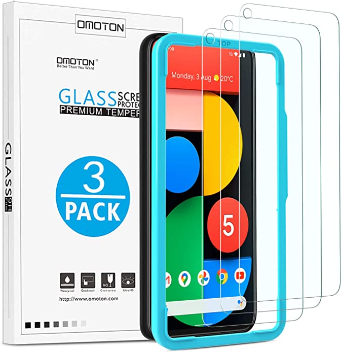 OMOTON [3 Pack] Screen Protector for Google Pixel 5 - Tempered Glass/Alignment Frame/Anti Scratch Screen Protector for Google Pixel 5 (5.8 inch)