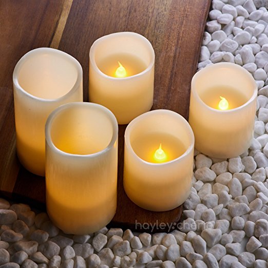 Hayley Cherie - Real Wax Flameless Candles with Timer (Set of 5) - Ivory LED Candles 5” and 3” tall - Flickering Amber Flame - Battery Operated Pillar Candles – Unscented