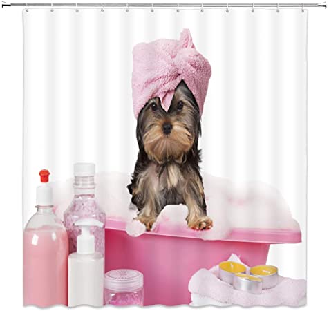 Funny Dog Shower Curtain Cute Dog Puppy Creative Schnauzer Bath Tub Bath Towel Spa Funny Animal Simple White Pink Bathroom Curtains Decor Polyester Fabric Quick Drying 70x70 Inches Include Hooks