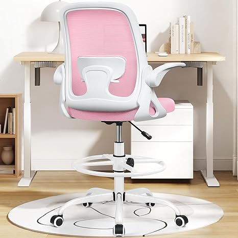 Winrise Drafting Chair Tall Office Chair Ergonomic Desk Chairs with Lumbar Support and Flip-up Armrests, Adjustable Height Comfy Computer Chair with Swivel Task and Adjustable Foot Ring(Pink)