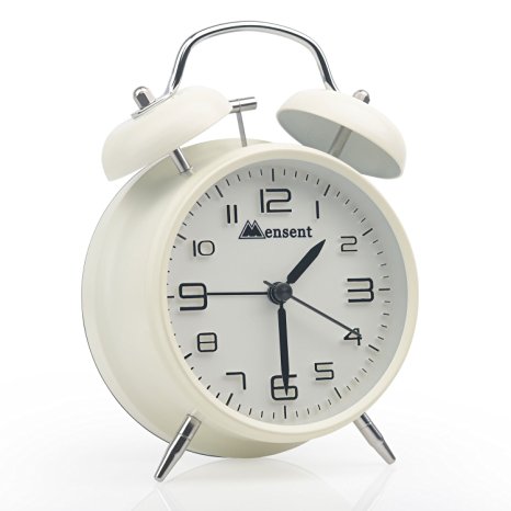 Mensent Vintage Twin Bell Alarm Clock with Stereoscopic Dial and Nightlight; Desk Clock Decorative with Silent Movement; Battery Operated and Loud Alarm. (White)