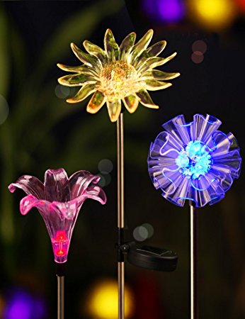 BRIGHT ZEAL [Set of 3] LED Color Changing Solar Stake Lights Outdoor - Solar Light LED Garden Decor Statues (DANDELION, LILY, SUNFLOWER) - Patio Lights LED Outdoor Multicolor Changing LED Lights