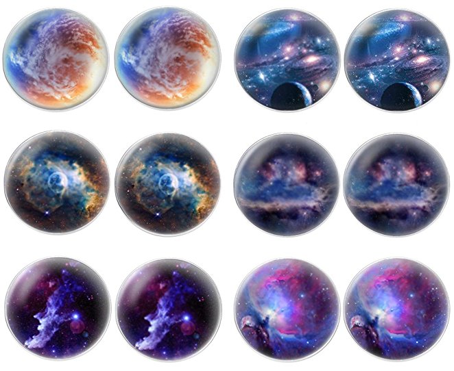 6 Pairs of Galaxy Astronomy Universe Mens Womens Stainless Steel Stud Earrings (Small 6.5mm)