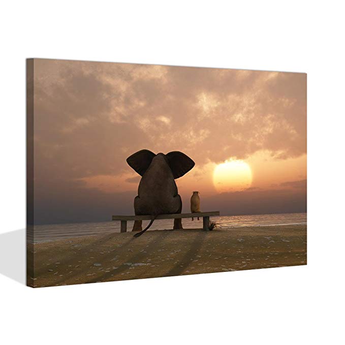 Visual Art Decor Modern Animal Painting Prints on Canvas Old Days Friends Elephant and Dog Sit at Beach Watch the Sunset Framed and Stretched Ready to Hang (Sunset Sea, 16"x20")