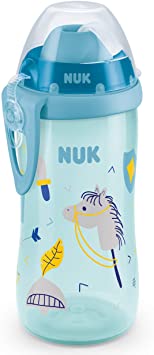 NUK First Choice  Flexi Cup Learning Bottle | from 12 Months | Leak-Proof with Straw | Clip and Protective Cap | BPA-Free | 300 ml | Blue Play Designs