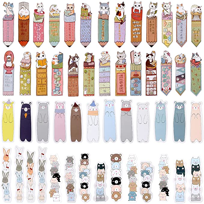 60 Pieces Cute Animal Paper Bookmarks Cartoon Cat Anime Reading Marker Bear Rabbit Theme Page Marks Writable Animal Bookmark Funny Stationery Bookmarks for Kids Girls Students Adult