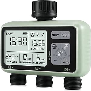 CROSOFMI 3 Vie Timer Irrigazione Automatica Digitale Centralina Irrigazione Temporizzatore Programmatore Irrigazione Giardino /IPX5 Impermeabile/Ritardo Pioggia/Modalità di Irrigazione Manuale